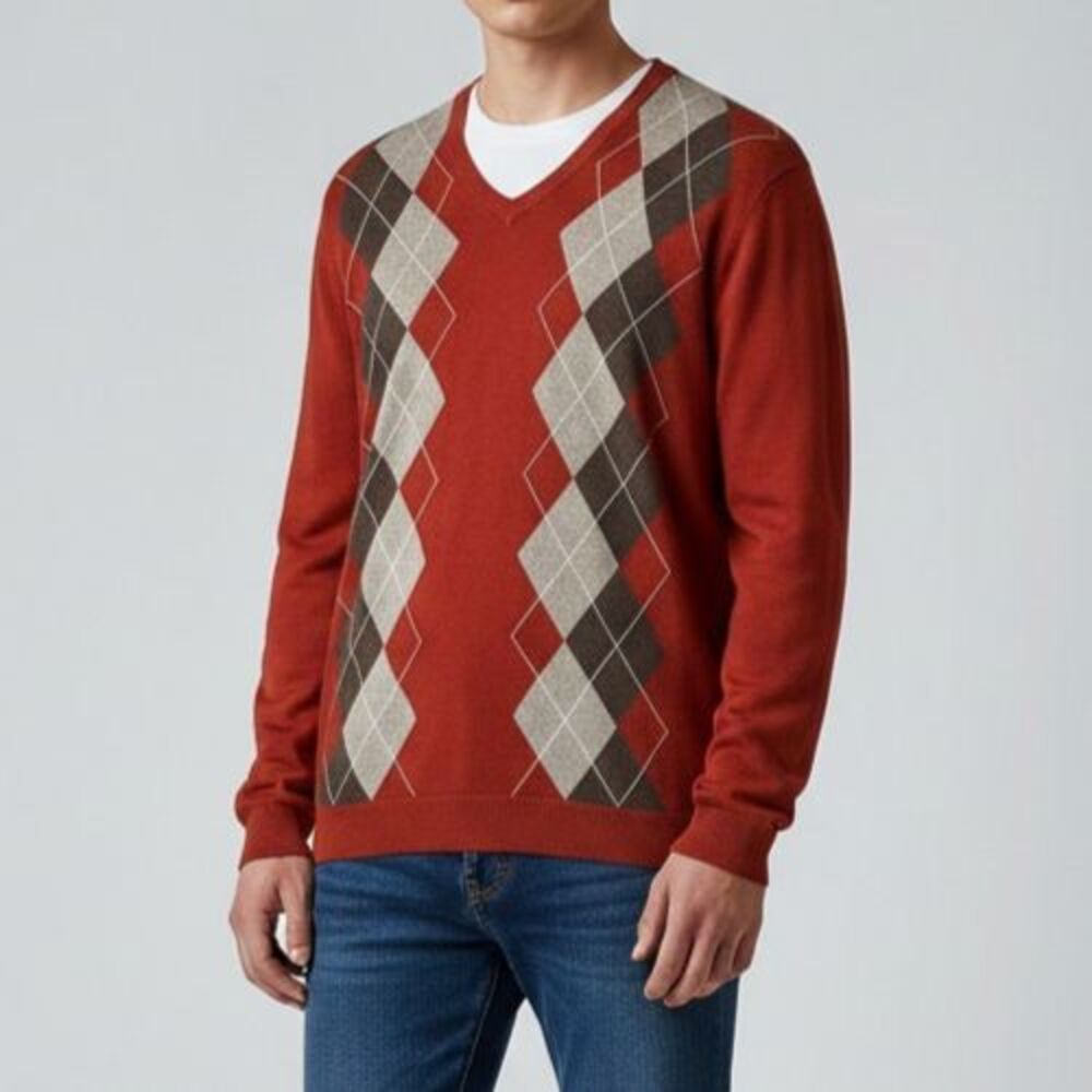 Banana Republic Argyle Silk Cashmere V-neck Sweater M Lightweight Luxury Blend